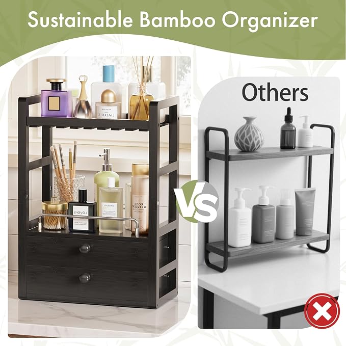 AmazerBath Bamboo Bathroom Counter Organizer, 2-Tier Makeup Organizer with 2 Drawers, Vanity Organizer Storage Coffee Matcha Station, Compact Shelf for Bathroom Kitchen Office Countertop, Black