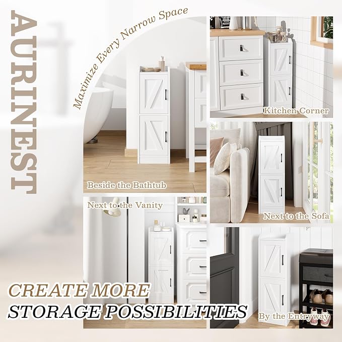 Narrow Bathroom Storage Cabinet with 2 Doors and Shelves, 9.8" W Small Storage Cabinet for Toilet Paper Storage, Slim Cabinet for Small Spaces, Bathroom, Kitchen, 9.8" W × 7.9" D × 29.5" H, White