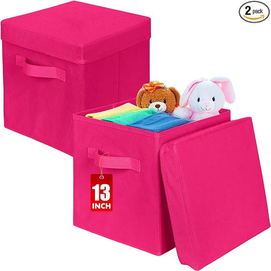 ShellKingdom Storage Bins, Foldable Fabric Storage Cube with Lid for Closet | Clothes Storage Organizer Drawer For Closet Toys Storage, 13 X 13 X 13 INCH, 2 Pack (Fuchsia)