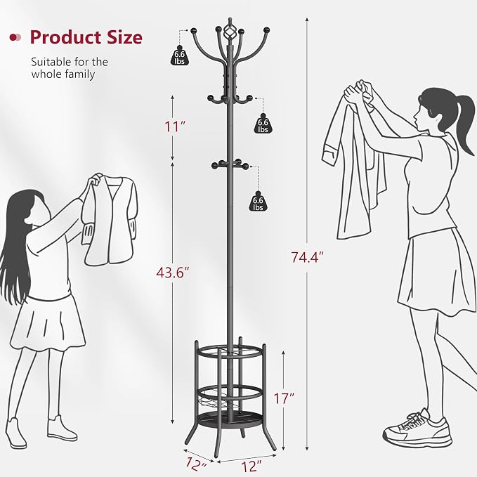 Tajsoon Coat Tree with Umbrella Stand, Coat Rack With 16 Hooks, Grey | 2-In-1 Design, Coat Stand Freestanding, Durable & Stable, Space-Saving, For Living Room, Bedroom, Office