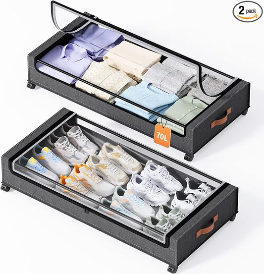 Yecaye 70L Under Bed Storage with Wheels, 2Pack Larger Capacity Under Bed Storage Containers, Underbed Shoe Storage Organizer, Rolling Under Bed Metal Drawers for Clothes, Blankets(35.5 x 17 x 6.7in)