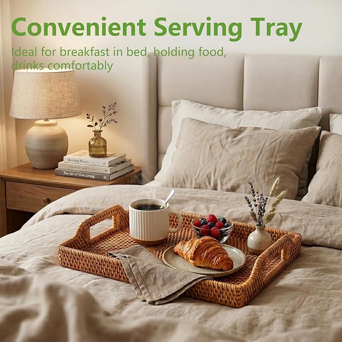 Rattan Serving Tray with Handles, Natural Woven Wicker Tray for Breakfast | Rattan Serving Rectangle Wicker Trays for Decor Coffee Table, 14.5" × 10"