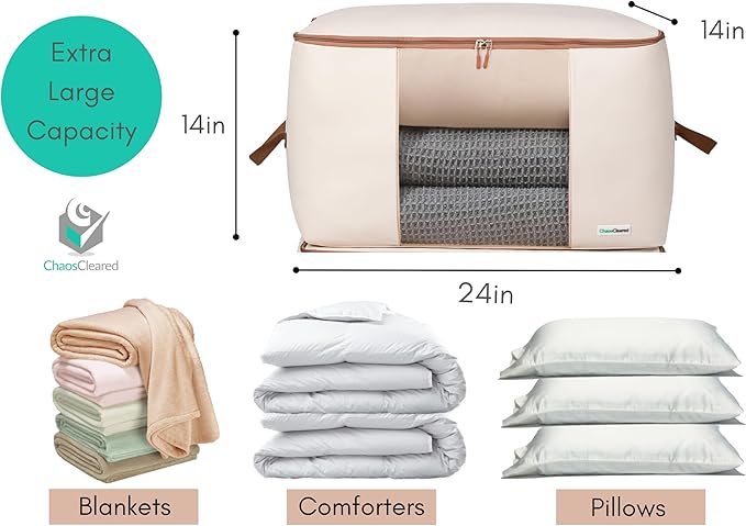 Chaos Cleared Canvas Storage Bags Designer Organizer for Comforters 2 Pack – Seasonal Storage for Pillows, Blankets, Linens & Garments – Foldable Design with Zip & Window, Moth-Proof Space Saver