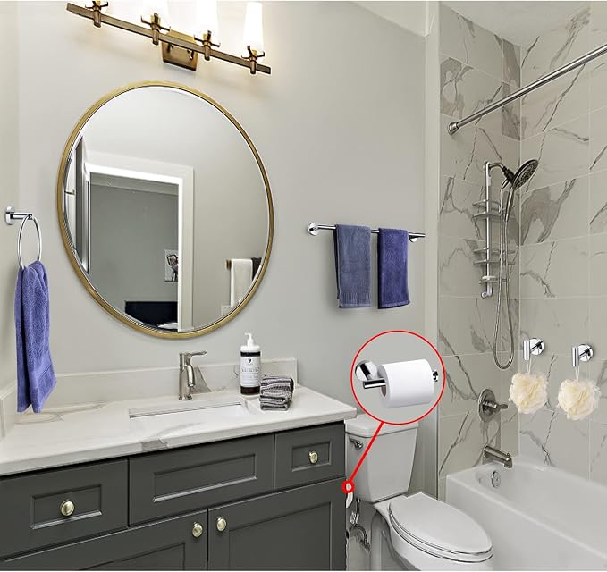 5 Pieces Polished Chrome Bathroom Hardware Accessories Set,Hand Towel Ring,16 inch Towel Bar,Toilet Paper Holder,2pcsTowel Hooks,Round SUS304 Stainless Steel Heavy Duty Wall Mount Holder,Towel Rack