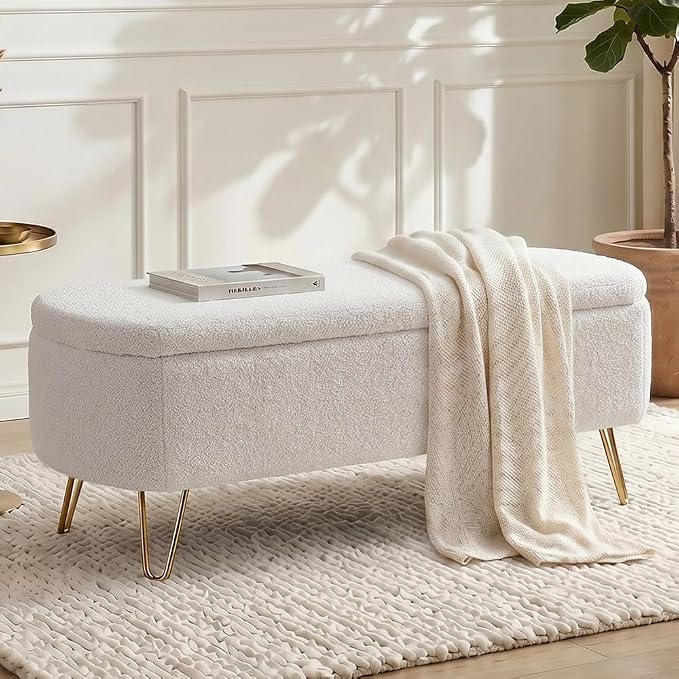 Modern Storage Ottoman Bench, Teddy Upholstered Entryway Bench with Gold Legs, Vintage End of Bed Bench with Safety Hinge, Padded Bench with Storage for Living Room, Bedroom, Entryway(Ivory)