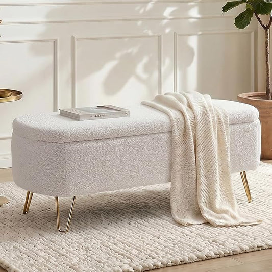 Modern Storage Ottoman Bench, Teddy Upholstered Entryway Bench with Gold Legs, Vintage End of Bed Bench with Safety Hinge, Padded Bench with Storage for Living Room, Bedroom, Entryway(Ivory)