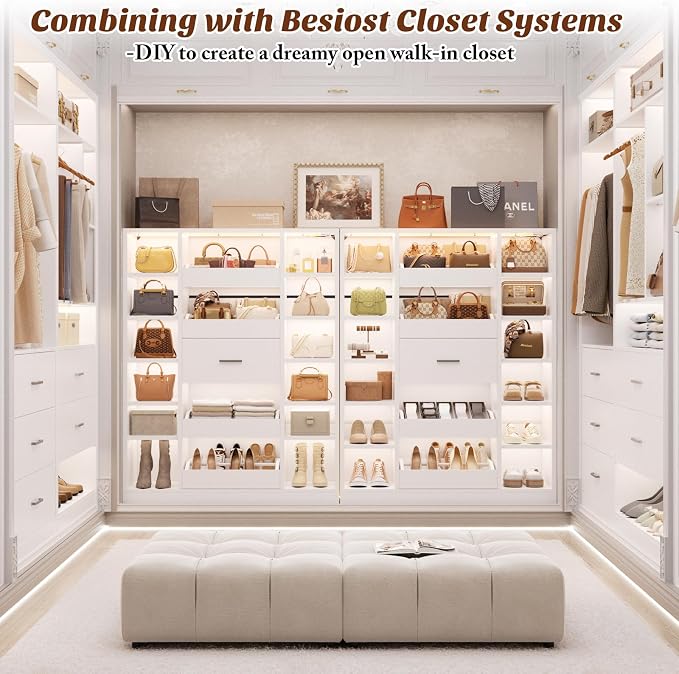 Besiost Shoe Cabinet with 12 Shelves & 5 Drawers, Wood Shoe Rack with Light | Holds Up to 30+ Pairs of Shoes, Vertical 40" W Shoe Storage Cabinet for Entryway, Hallway, Walk-In Closets, White