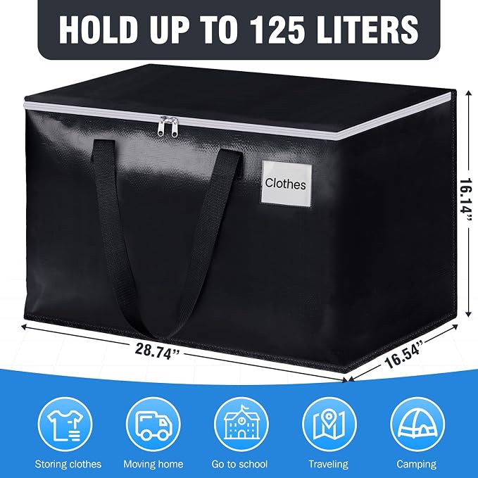 Heavy Duty Moving Bags, Extra Large Storage Bags, 125L, 10-Pack, Black | Foldable, with Zippers, Tag Pocket & Handles, Reusable, Space-saving, Water-Resistant, for moving & storage, Versatile Use