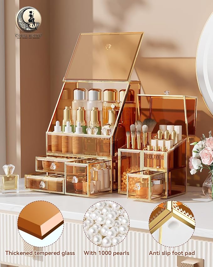 CoralHouse Glass Makeup Organizer with Brush Holder for Vanity | Amber Skincare Organizer for Vanity, Stackable, Large Capacity, for Makeup Lipstick Perfumes Brush Skincare
