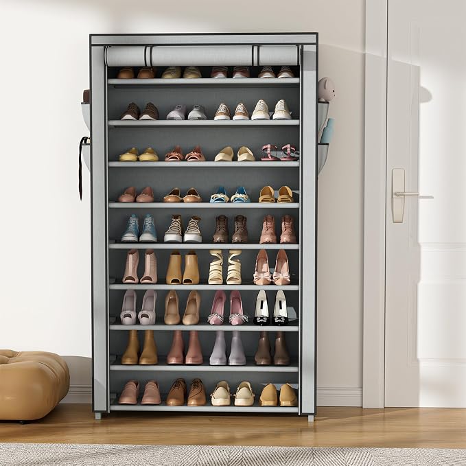 VILICK Shoe Rack with Cover Narrow Shoe Organizer with Pockets 10 Tier Tall Shoe Storage Holds 36-41 Pairs Shoes and Boots Shoe Rack for Closet Entryway Garage, Grey
