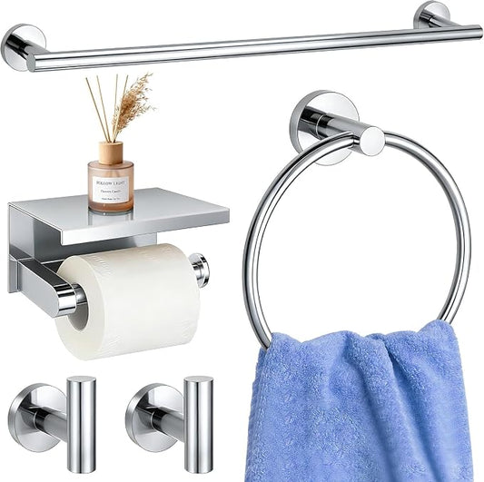 5 Pieces Polished Chrome Bathroom Hardware Accessories Set, SUS304 Stainless Steel 24 Inch Bath Towel Bar Set, Round Bathroom Towel Holder Set, Towel Racks for Bathroom Wall Mounted