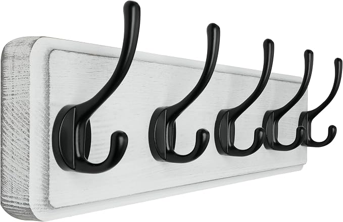 SKOLOO Rustic Wall Mounted Coat Rack, Pine Solid Wood Coat Hook Hanger - 5 Hooks for Hanging Clothes Robes Towels Coats