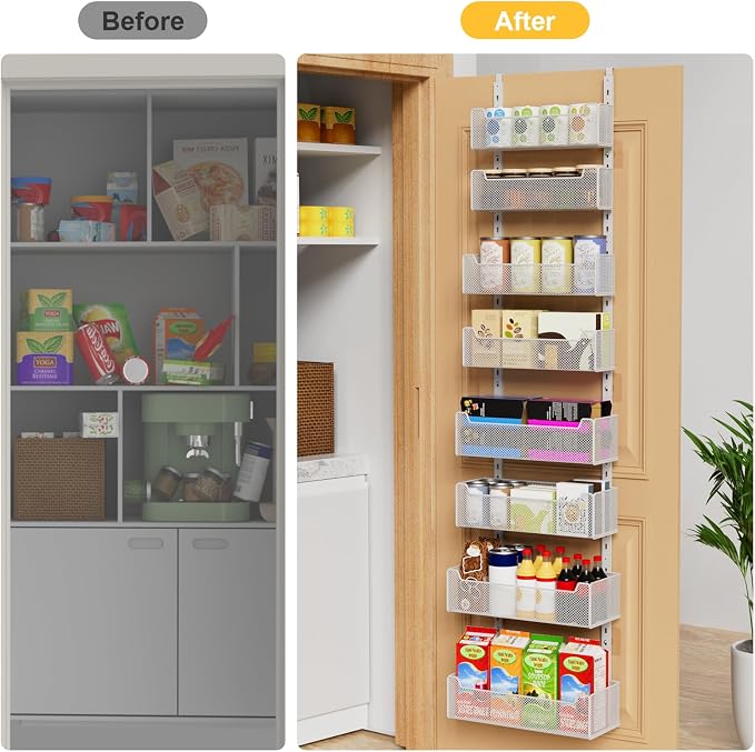 VyGrow Over the Door Organizer, 8-Tier Pantry Organizer with Fully Enclosed Mesh Baskets, Heavy-Duty Metal Hanging Spice Rack for Kitchen Bathroom Laundry Room, 2-in-1 Wall Mount or Door Mount, White