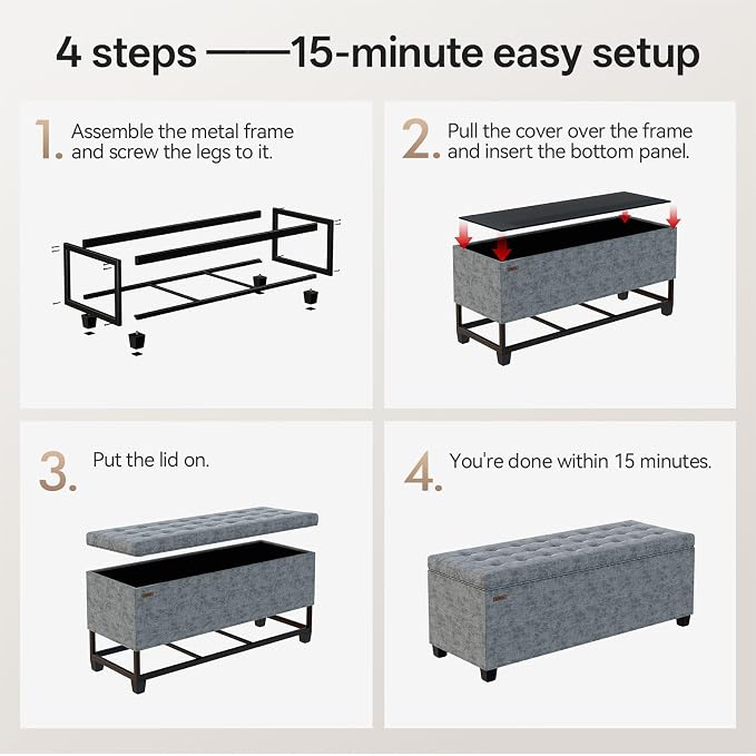 ABHENG Chenille Storage Ottoman Bench with Legs, 43.5”W x 15.7”D x 15.7”H,Metal Frame end of Bed Bench Hold up to 770 LB,Large Storage Chest,Gray UASND621G