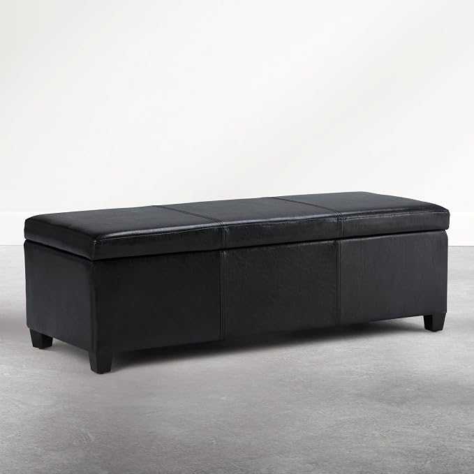 SIMPLIHOME Avalon Storage Ottoman Bench - 48 inch Wide Upholstered Vegan Leather Rectangle Storage Ottoman Bench in Carbon Black, Contemporary Ottoman for Living Room or Entryway with Lift-Up Lid