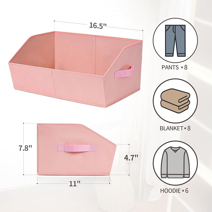 Homsorout Closet Baskets for Shelves Trapezoid - Decorative Storage Baskets with Handle, Closet Bins for Organization, Shelf Storage Bins for Clothes, Books, Home, Office, 3 Pack, Pink