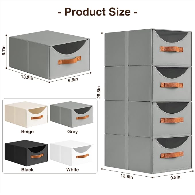 Homsorout Stackable Storage Drawers - Collapsible Storage Bins with Drawers, 8 Pack Closet Shelf Organizer Basket, Fabric Pull Out Organizer for Bedroom, Living Room, Dorm, Grey