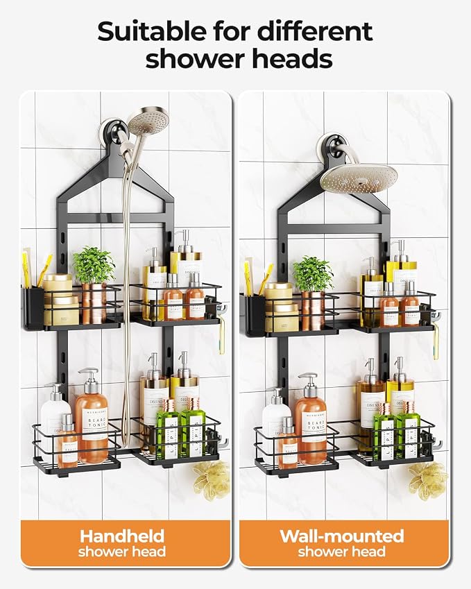 ODesign 2 Tier Shower Caddy for Handheld Shower Heads Anti-Swing Black | No drilling required,comes with removable hook and storage box,suitable for handheld and wall-mounted showerheads