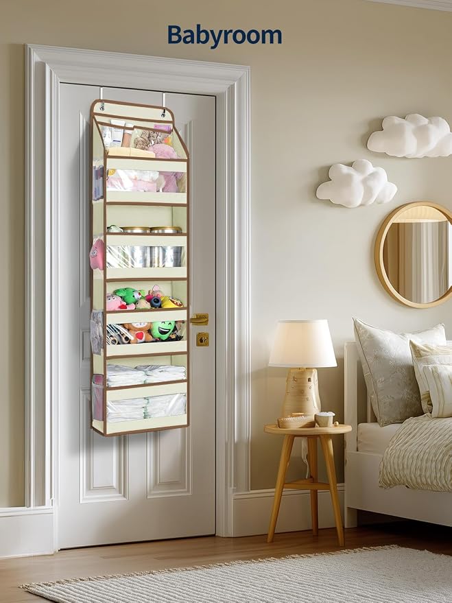 Yecaye 5 Tier Over the Door Organizer, Swing-proof Door Organizer Hanging with Clear PVC Windows, Behind the Door Storage for Bedroom Nursery Closet Laundry Pantry Bathroom, Beige