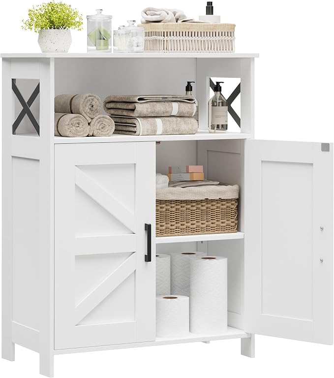 Homhedy Farmhouse Bathroom Storage Cabinet with Doors, Small Floor Cabinet | Toilet Paper Cabinet with Adjustable Shelf, Freestanding Storage Cabinet for Kitchen/Laundry/Living Room, 24"W, White