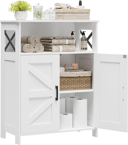 Homhedy Farmhouse Bathroom Storage Cabinet with Doors, Small Floor Cabinet | Toilet Paper Cabinet with Adjustable Shelf, Freestanding Storage Cabinet for Kitchen/Laundry/Living Room, 24"W, White