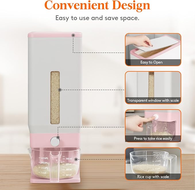 Lifewit Rice Dispenser 25 Lbs(11.3kg), Rice Storage Container Sealed Moisture Proof with Measuring Cup for Kitchen Pantry Household, BPA-Free, 1 Pack Pink