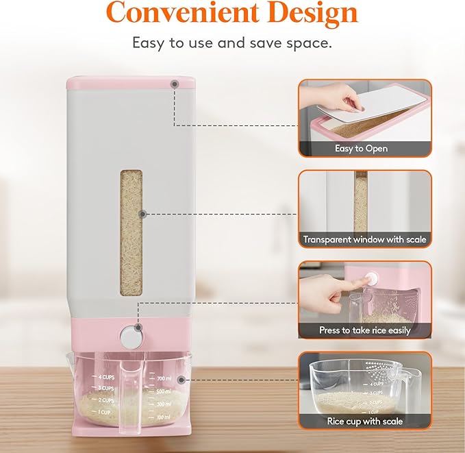 Lifewit 2 Pack Rice Dispenser 25 Lbs(11.3kg), Rice Storage Container Sealed Moisture Proof with Measuring Cup for Kitchen Pantry Household, BPA-Free, Pink