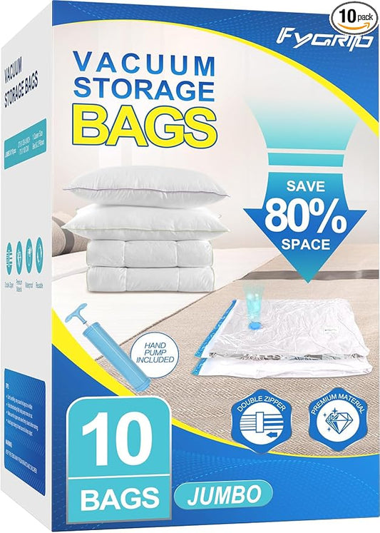 Fygrip Vacuum Storage Bags with Hand Pump, Plastic Packaging Bags, 80% Space Saver Vacuum Seal Bags for Clothing, Travel Lugggage, Blankets, Comforters, 10 Jumbo