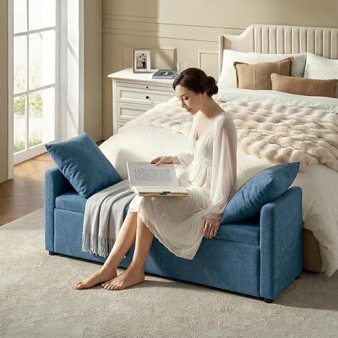 HULALA HOME 59" Storage Bench with 2 Throw Pillows & Armrests, Teal | Modern Long Bedroom Bench for End of Bed, Comfy Upholstered Fabric Footstool for Entryway Living Room