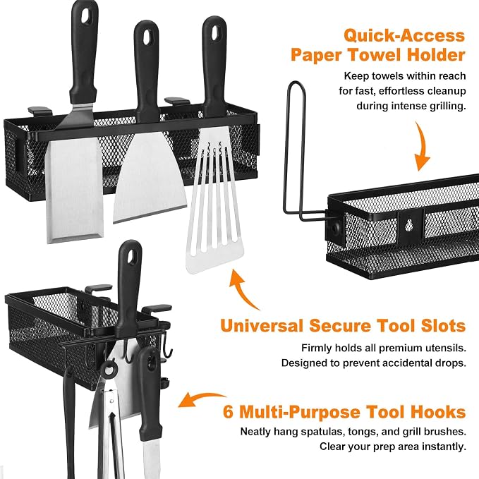 Griddle Caddy Side Shelf Organizer Grill Tool Holder (Black) | Steel Grill Tool Holder with Paper Towel Rack No-Drill Outdoor Cooking Accessories Storage for Flat Top Grills & BBQ Stations