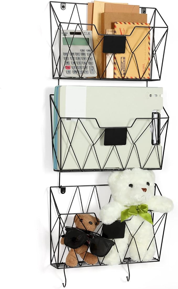 Wall File Organizer, 3 Pack Metal Wall Basket File Holder for Home Office | Vertical Hanging File Organizer, Mail Organizer Wall Mounted Magazine with Label Slot & Hooks, Sorts papers, Mails & Supplies