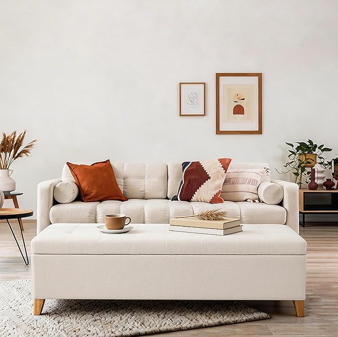 Joveco Storage Ottoman Bench, 51" Linen Rectangle Long Bench, for Bedroom, End Foot of Bed, Living Room, Entryway, Beige