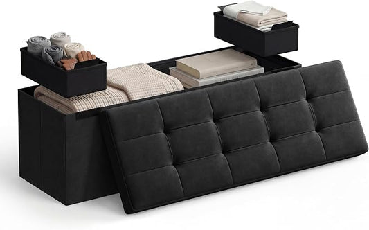 SONGMICS HOME Ottoman with Storage, Removable Lid, Folding Storage Chest, Easy Assembly, for Entryway, Bedroom, Living Room, 15.2 x 43.2 x 15.2 Inches, Velvet, Black