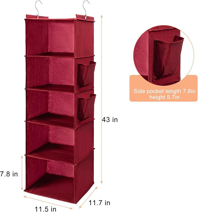 BOOMIBOO Hanging Closet Organize and Shelves，5-Hanging Shelf with 2 Side Pockets，Storage Foldable （Red）