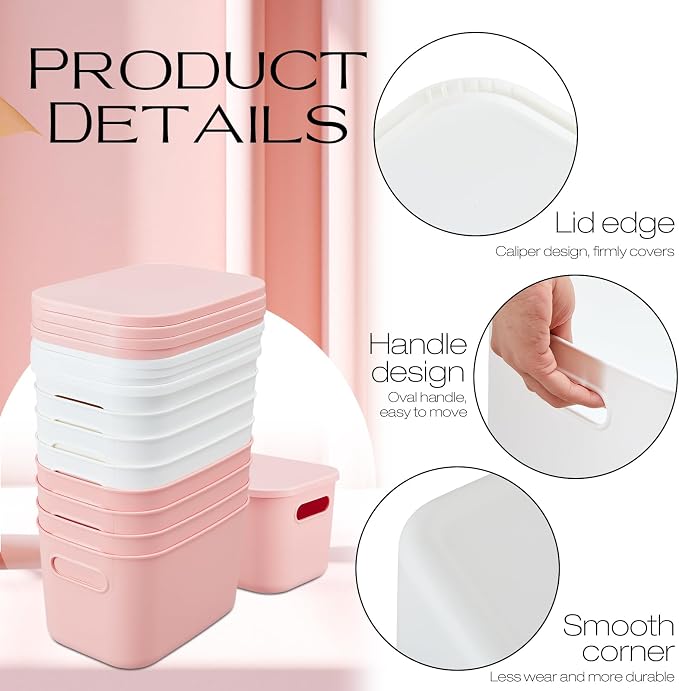 8 Pieces Colorful Storage Bins with Lid, Plastic Storage Basket Organizing Container Stackable Box with Handle for Shelves Desktop Playroom Office(9.8 x 7.1 x 6.3 Inch,White and Pink)