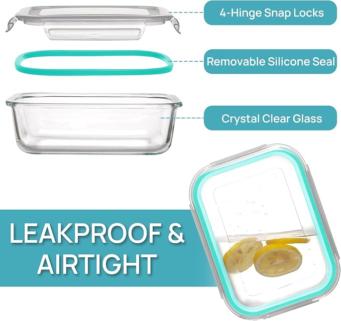 Vtopmart 5 Pack 35oz Glass Food Storage Containers with Lids, Green | Meal Prep Containers, Airtight Reusable Lunch Container Set, Safe for Oven, Microwave, Freezer, and Dishwasher, BPA Free