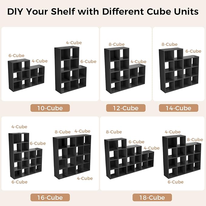 LUCKLIFE 8-Cube Storage Organizer, Stackable Modular Bookcase Shelf with Vertical or Horizontal Use, Fits 11×11" Bins, Optional Back Panels, for Living Room, Office, Black