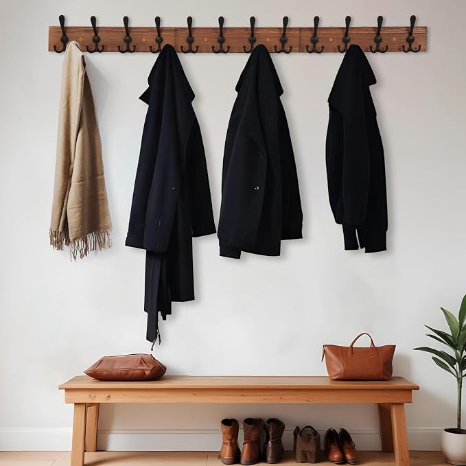 Wall Mount Coat Rack 47.3'' Burnt Brown Hanger - Rustic Towel Rack for Bathroom, Living Room - Hooks for Coats, Hats, Clothes