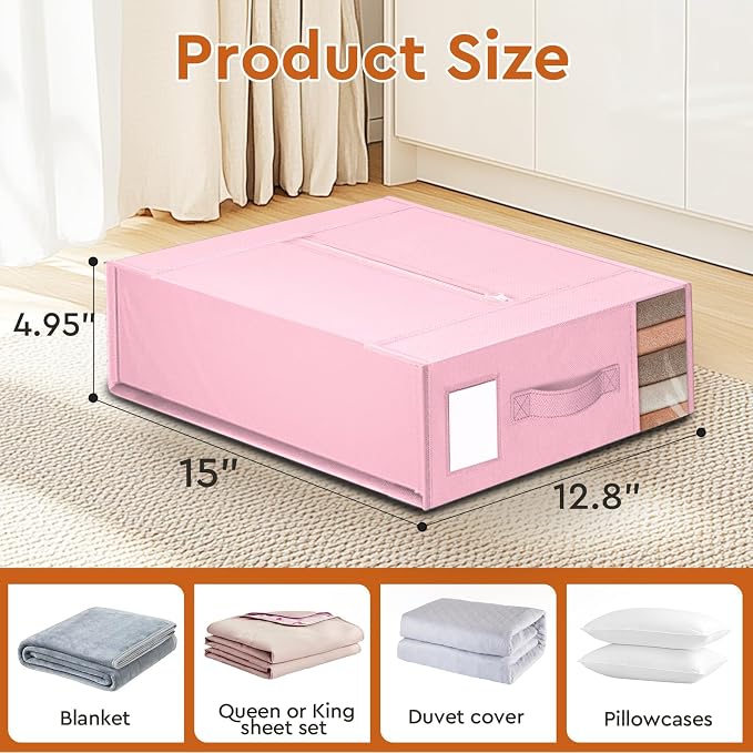 StorageTastic 4 Pack Bed Sheet Closet Organizers and Storage,Sturdy Foldable Storage Containers with Window and Label,Storage and Organization for Bedding Sheets,Duvet Covers,Blankets (Pink)