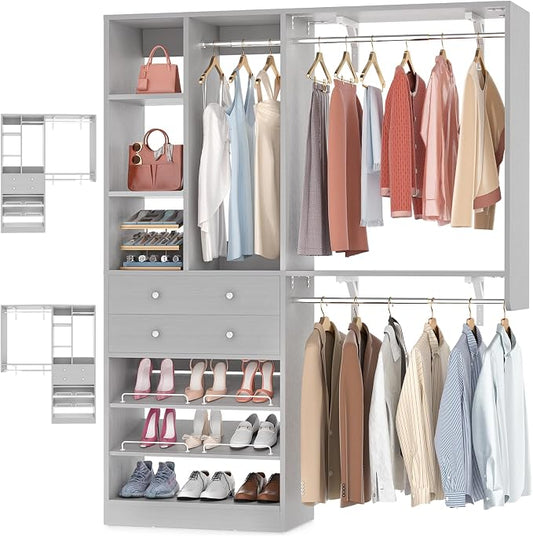 Besiost Closet System - 5FT Small Closet System with Drawers, 60" Closet Organizer System with Reversible Hanging Shelving, Closet Systems for Small/Walk-in Closets, Morandi Grey