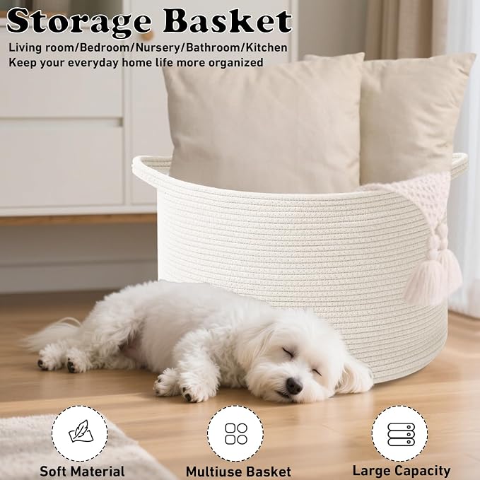 115L Extra Large Woven Cotton Rope Blanket Basket-White | Collapsible, reinforced handles, nursery storage bin organizes clothes, toys and pillows for living room, bedroom bathroom