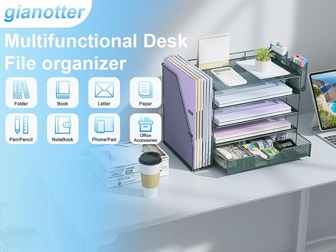 gianotter 5-Tier Desk Organizer with Drawers and File Holders | Letter Trays and Pen Holders - Workspace Accessories for Office Supplies (Green)
