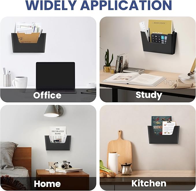 JOMOLA No Drilling File Holder 3 Pack Mail Organizer Wall Mount File Organizer Holder Office Wall Hanging Files Magazines Organizer Plastic Door Mount Wall Pocket with Adhesive Pad, Black Color