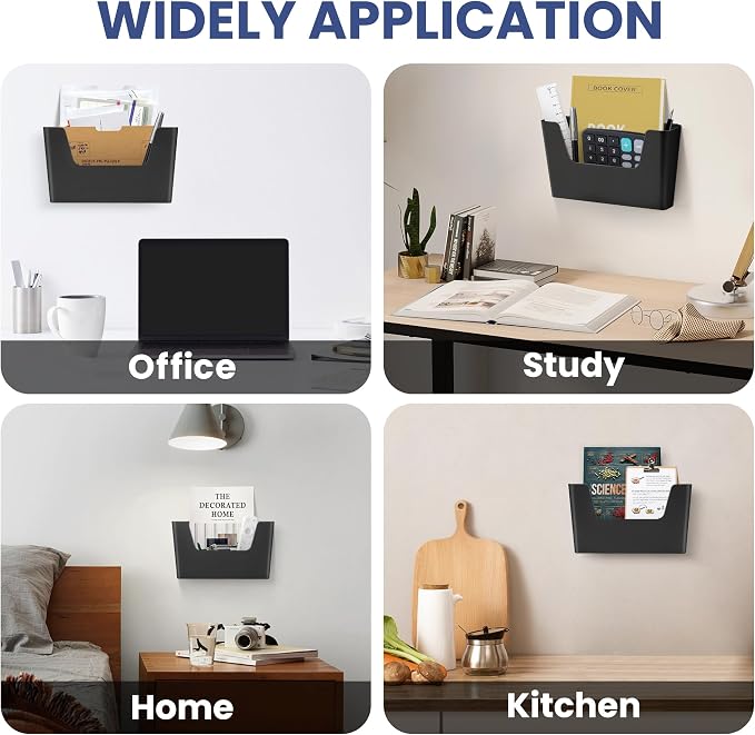 JOMOLA No Drilling File Holder 2 Pack Mail Organizer Wall Mount File Organizer Holder Office Wall Hanging Files Magazines Organizer Plastic Door Mount Wall Pocket with Adhesive Pad, Black Color