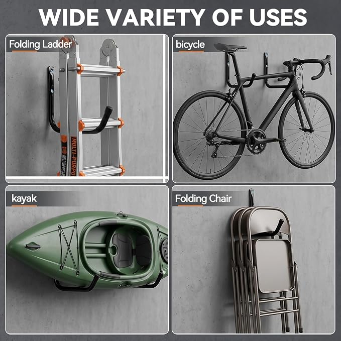 Heavy Duty Garage Storage Hooks, Wall Mounted Utility Hanging Rack for Surfboard, Ladder, Bike, Folded Chairs