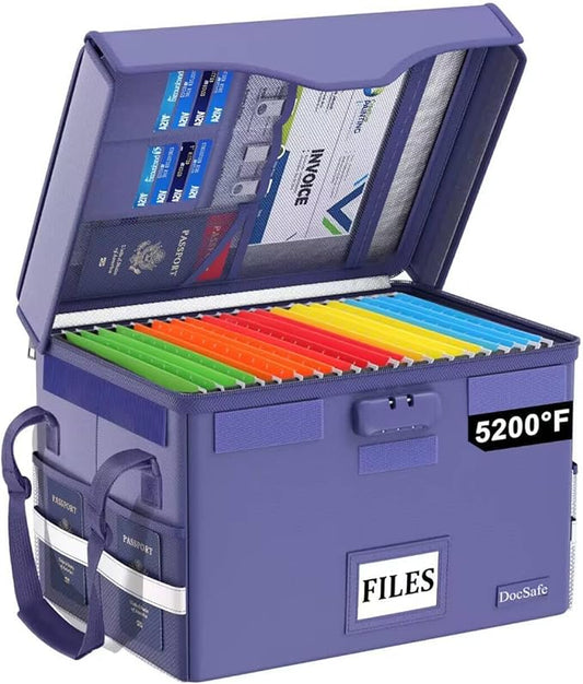 DocSafe 5200°F Fireproof Document Box with Lock,Heat Insulated File Organizer Storage with Pockets,Collapsible Portable Home Office File Safe Box with Handle for Hanging Letter/Legal Folders, Blue