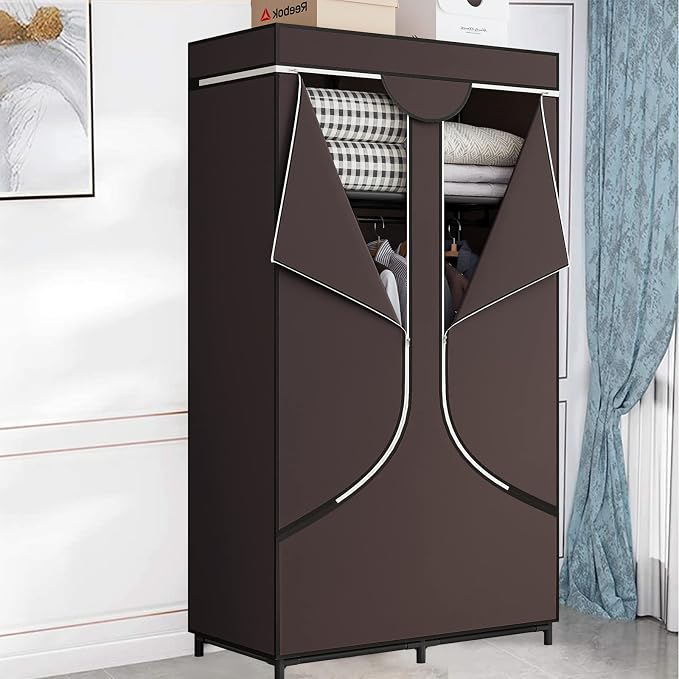 SORCEDAS Portable Closet Wardrobe with Hanging Rods Shelves Clothes Storage | 34 Inch Closet Organizers and Storage with Non-Fabric Cover,Freestanding Clothes Closet for Bedroom,dorm,Storage Rooms Coffee