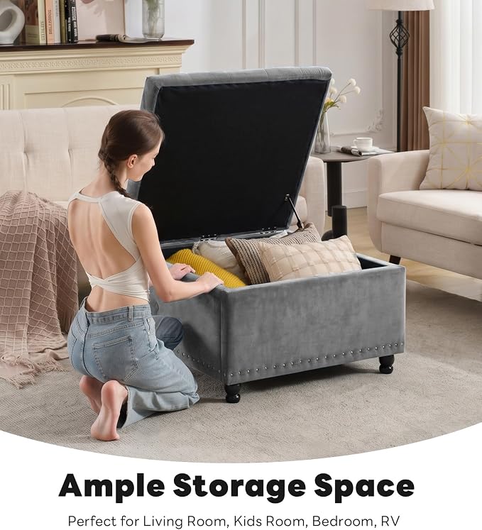 Tbfit Large Square Storage Ottoman Bench, Button Tufted Upholstered Coffee Table Ottoman with Wooden Legs, Oversized Storage Ottomans Toy Box Footrest for Living Room, Gray-Velvet