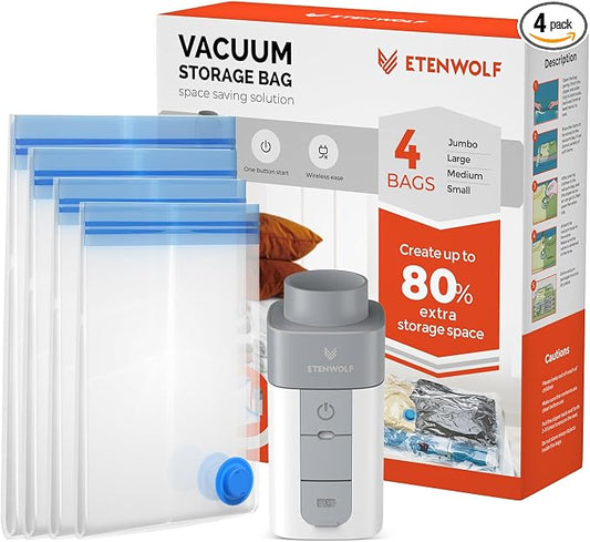 ETENWOLF 4 Combo Vacuum Storage Bags for Travel with Wireless Pump | Vacuum Seal Bags for Clothing Travel, Compression Packing Bags for Clothes and Blankets, Space Saver Bags in Carry-On Sizes
