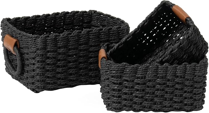 LA JOLIE MUSE Small Wicker Baskets for Organizing, Black 3 Pack | Decorative Organizer with Vegan Leather Tag, Round Handle, Storage Baskets for Shelves, Bedroom, Kitchen, Office and Home